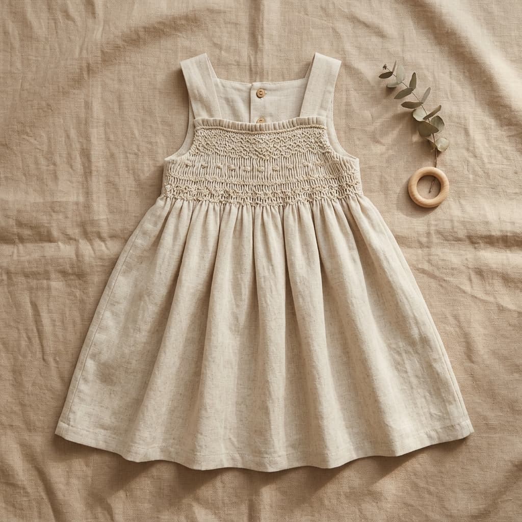 Natural Linen Smocked Dress front